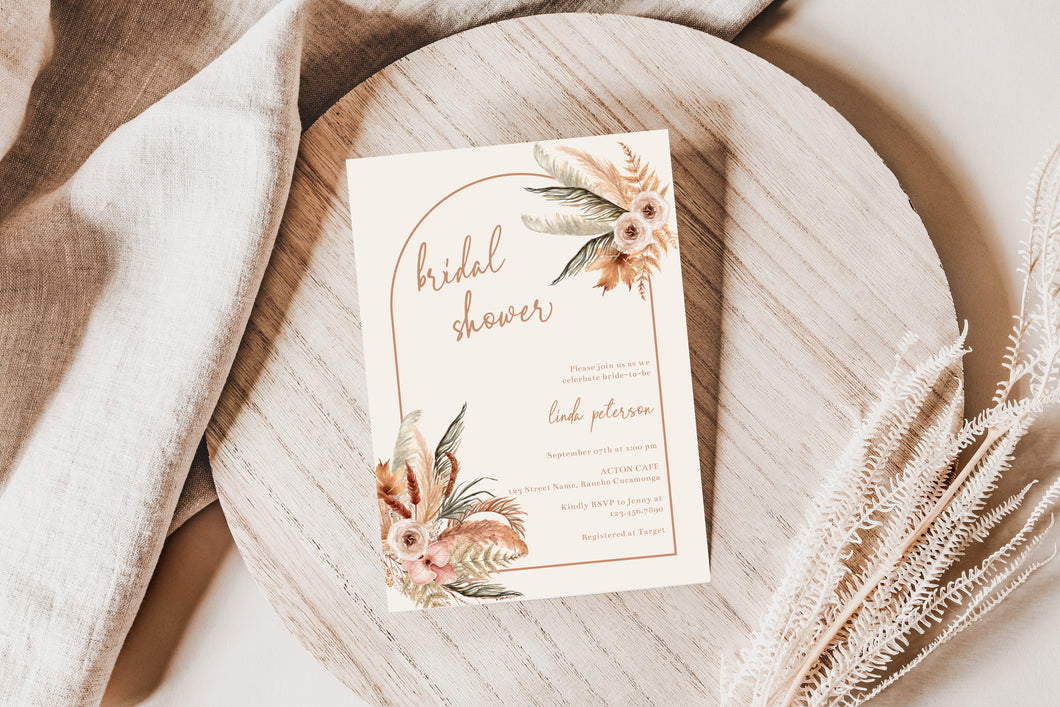 Minimal Neutral Boho Pampas Arch Bridal Shower Invitation Printed