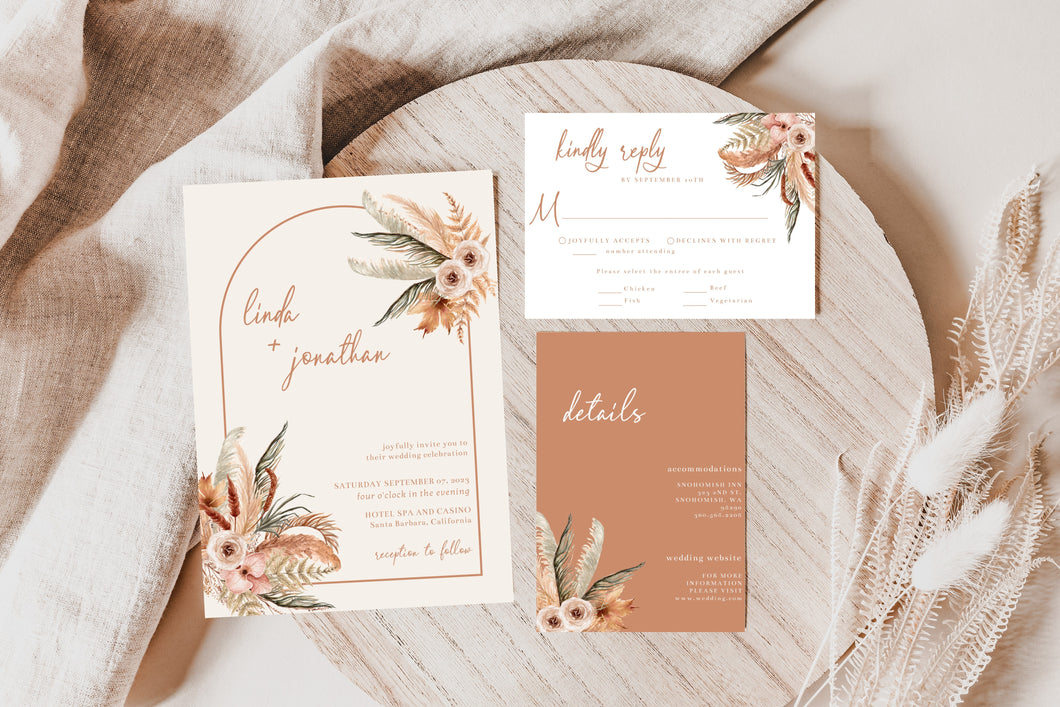 Light Minimal Terracota Boho Pampas Floral Arch Wedding Invitation Suite Editable Template, Instant Download or Printed