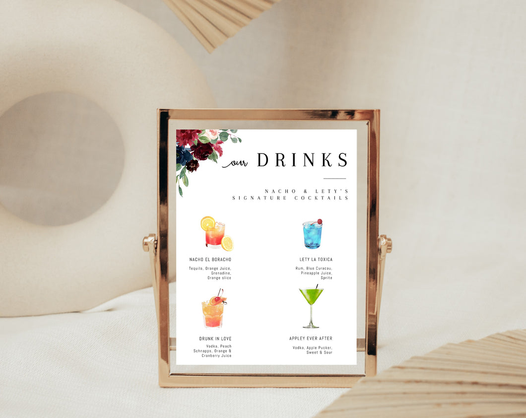 Enchanted Burgundy & Navy Blue Floral Cocktail Menu