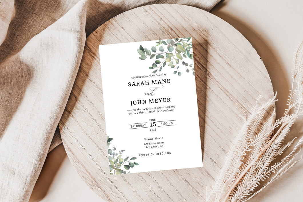 Rustic Green Eucalyptus Leaves Wedding Invitation