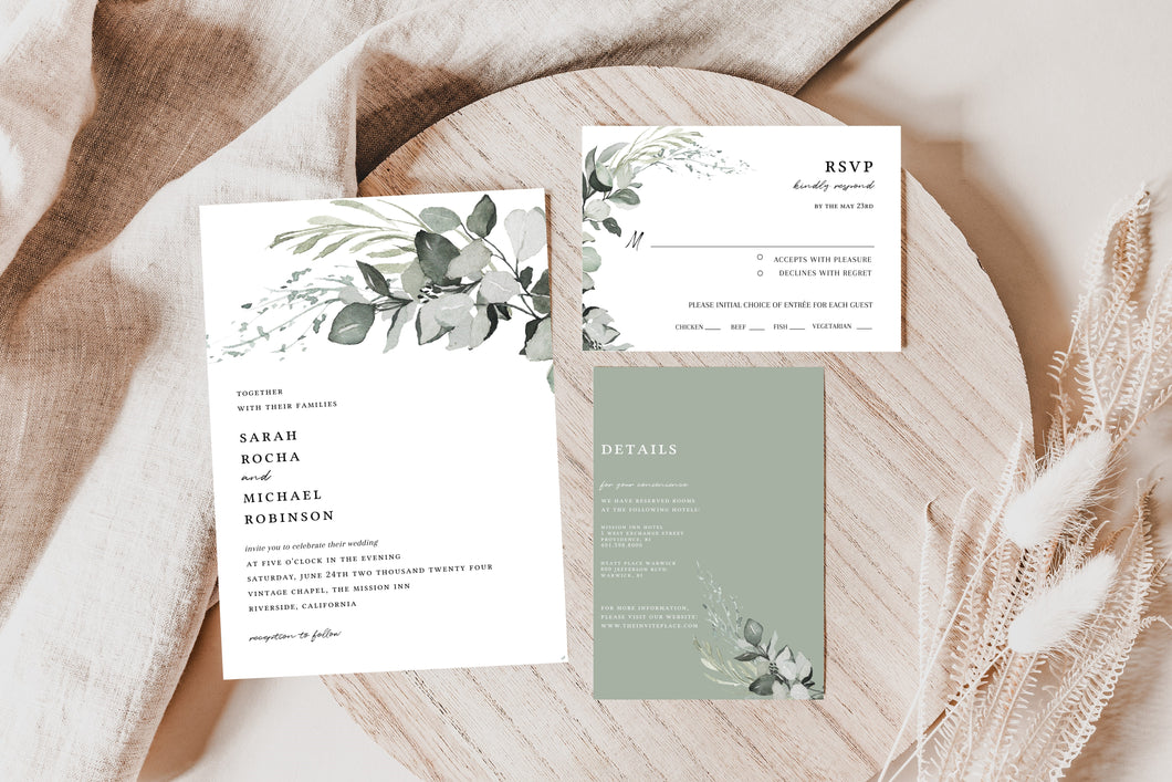 Soft Sage Green Eucalyptus Modern Wedding Invitation Suite Editable Template, Instant Download or Printed