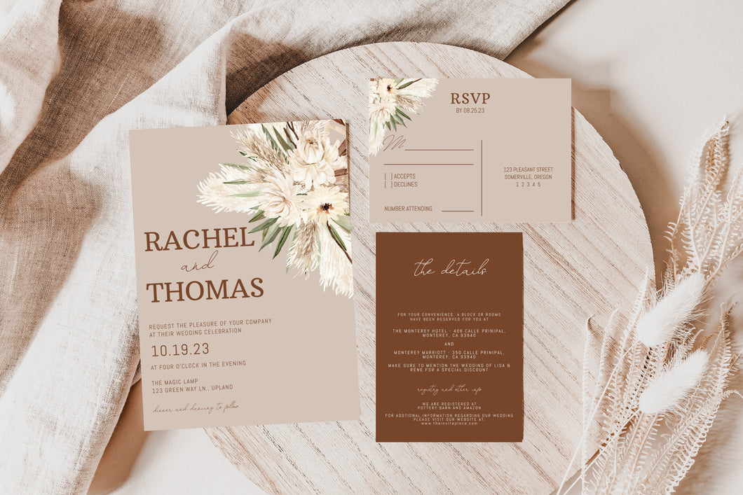 Soft Breeze Brown & Tan Pampas with Flowers Terracotta Wedding Invitation Suite