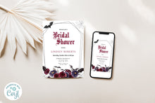 Load image into Gallery viewer, Spooky Burgundy Bats Coffin Bridal Shower Digital Invitation
