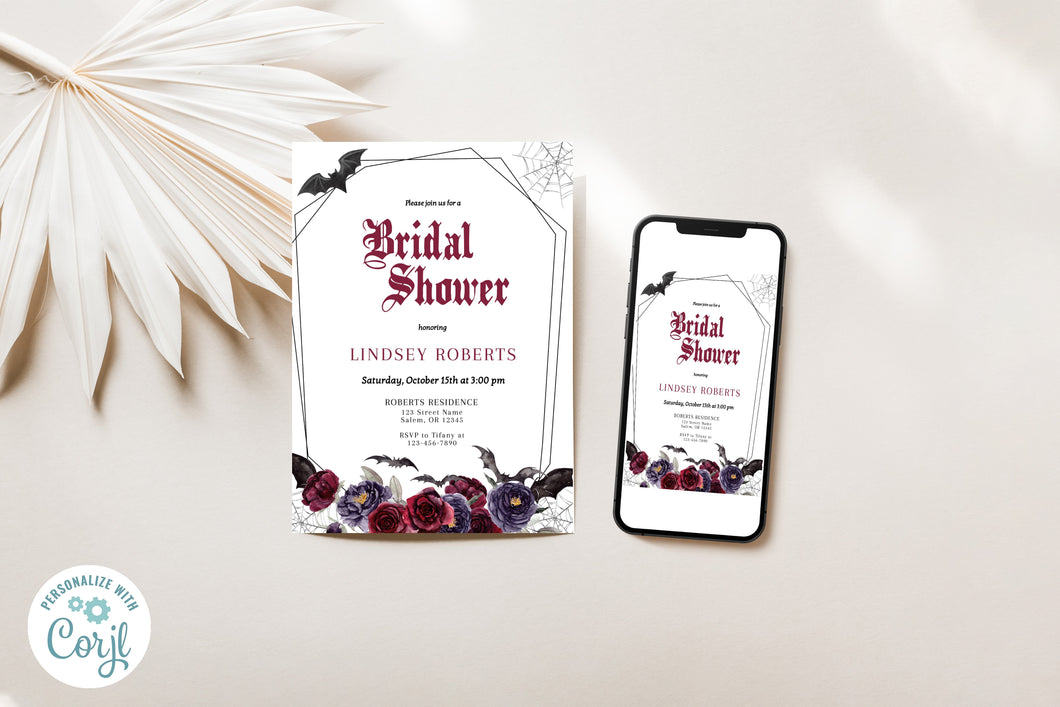 Spooky Burgundy Bats Coffin Bridal Shower Digital Invitation