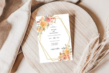 Load image into Gallery viewer, Summer Sunset Yellow, Peach, and Coral Flowers with Gold Geometric Frame Wedding Invitation Suite
